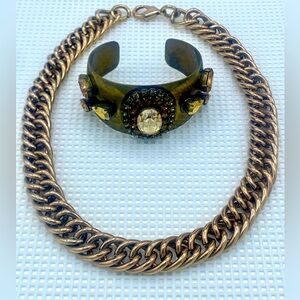 Jewelry set Vintage Gold Chain Necklace & Handmade Swarovski Cuff Bracelet Set